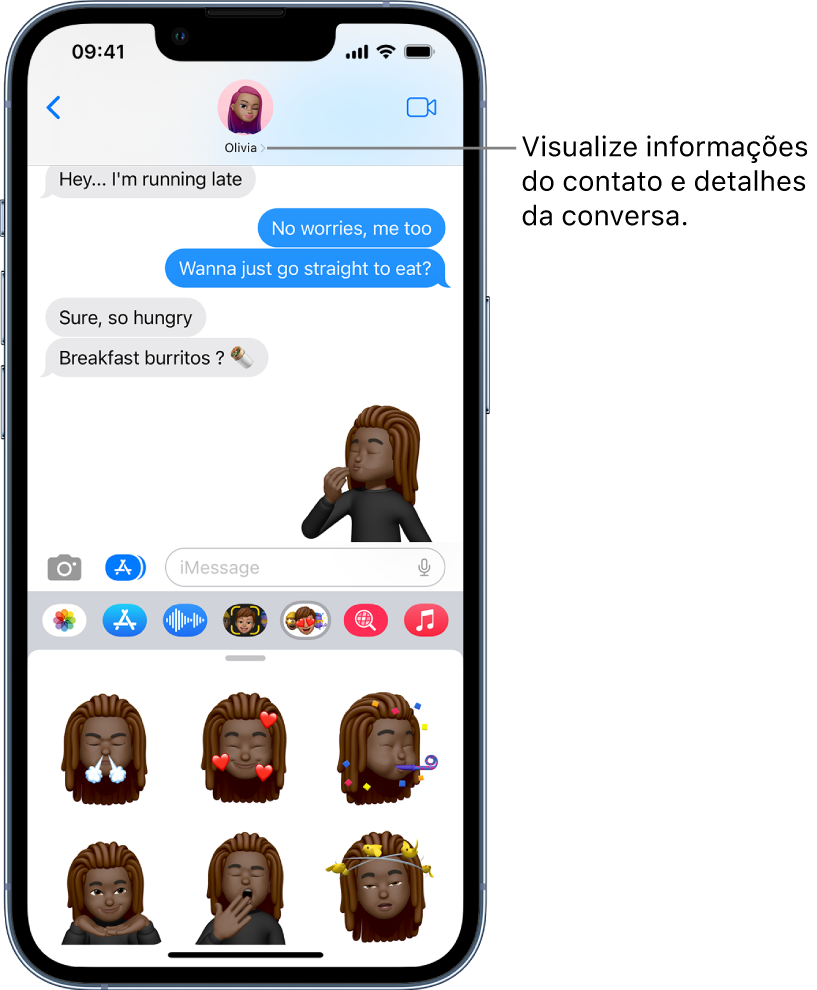 Uma conversa no app Mensagens, com mensagens recebidas à esquerda e as suas mensagens à direita. Um campo de texto na parte inferior da conversa é onde você digita a resposta.