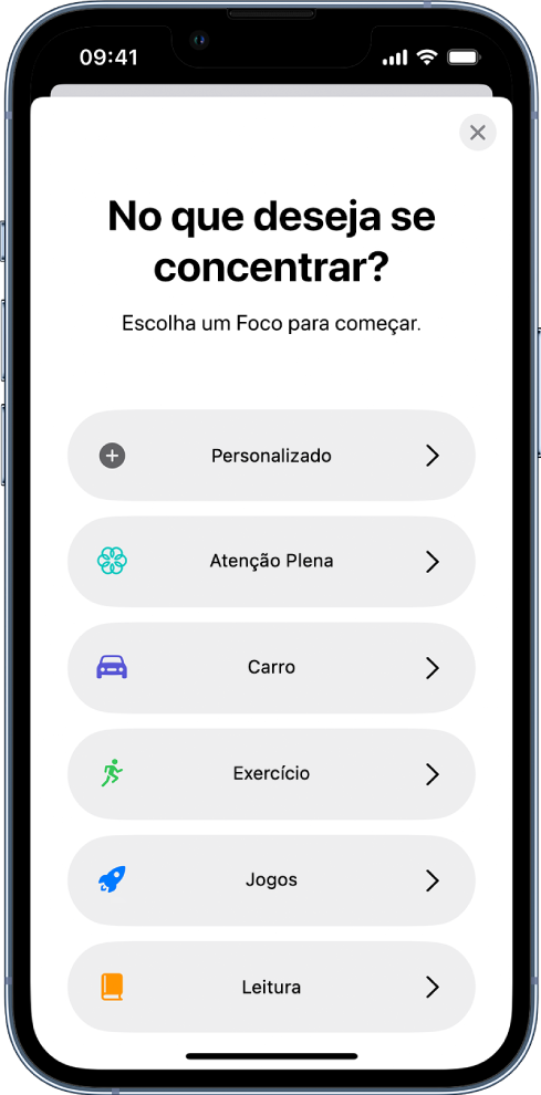 Tela de configuração de Foco para uma das opções adicionais de Foco fornecidas, incluindo Personalizado, Carro, Exercício, Jogos, Atenção Plena e Leitura.