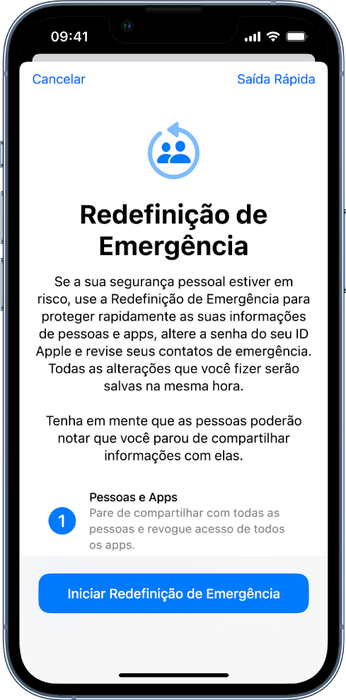 A tela Redefinição de Emergência com informações sobre o funcionamento do recurso. O botão iniciar Redefinição de Emergência está na parte inferior.