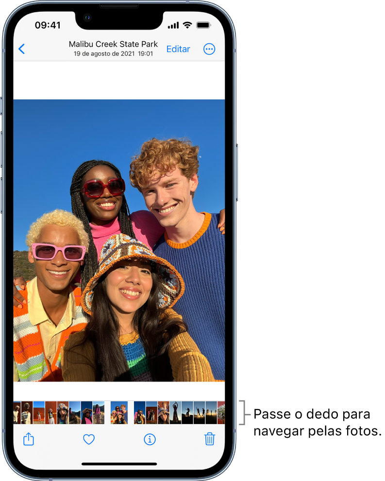 Uma foto com miniaturas de outras fotos ao longo da parte inferior da tela. Na parte superior esquerda está o botão voltar, que leva você de volta à visualização que estava explorando. Ao longo da parte inferior encontram-se os botões Compartilhar, Curtir e Apagar. Na parte superior direita encontra-se o botão Editar.