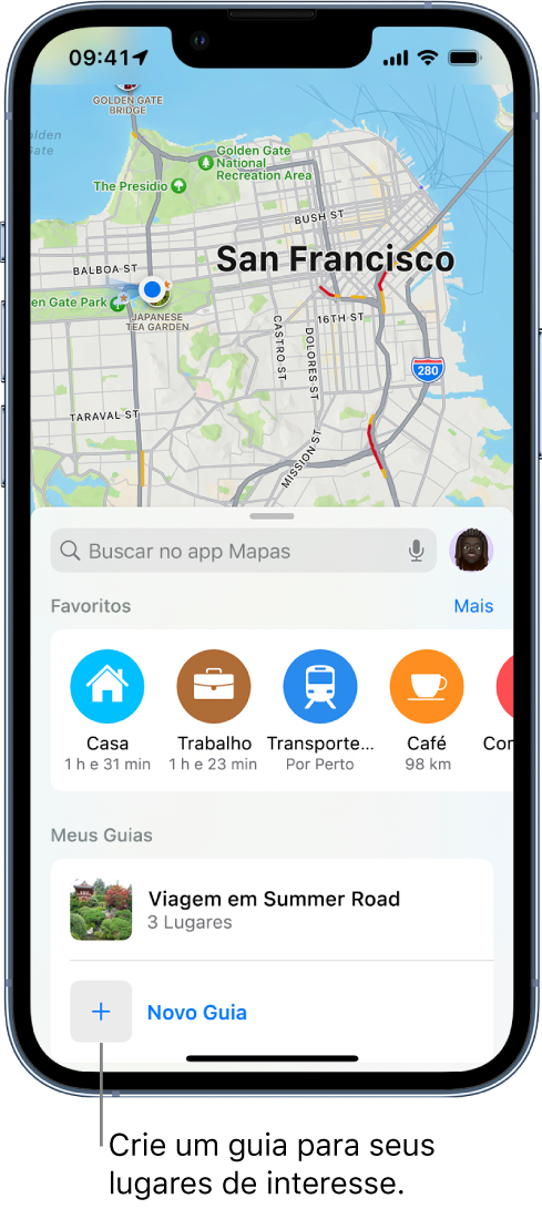 Um cartão de busca no app Mapas com o botão Novo Guia na parte inferior.