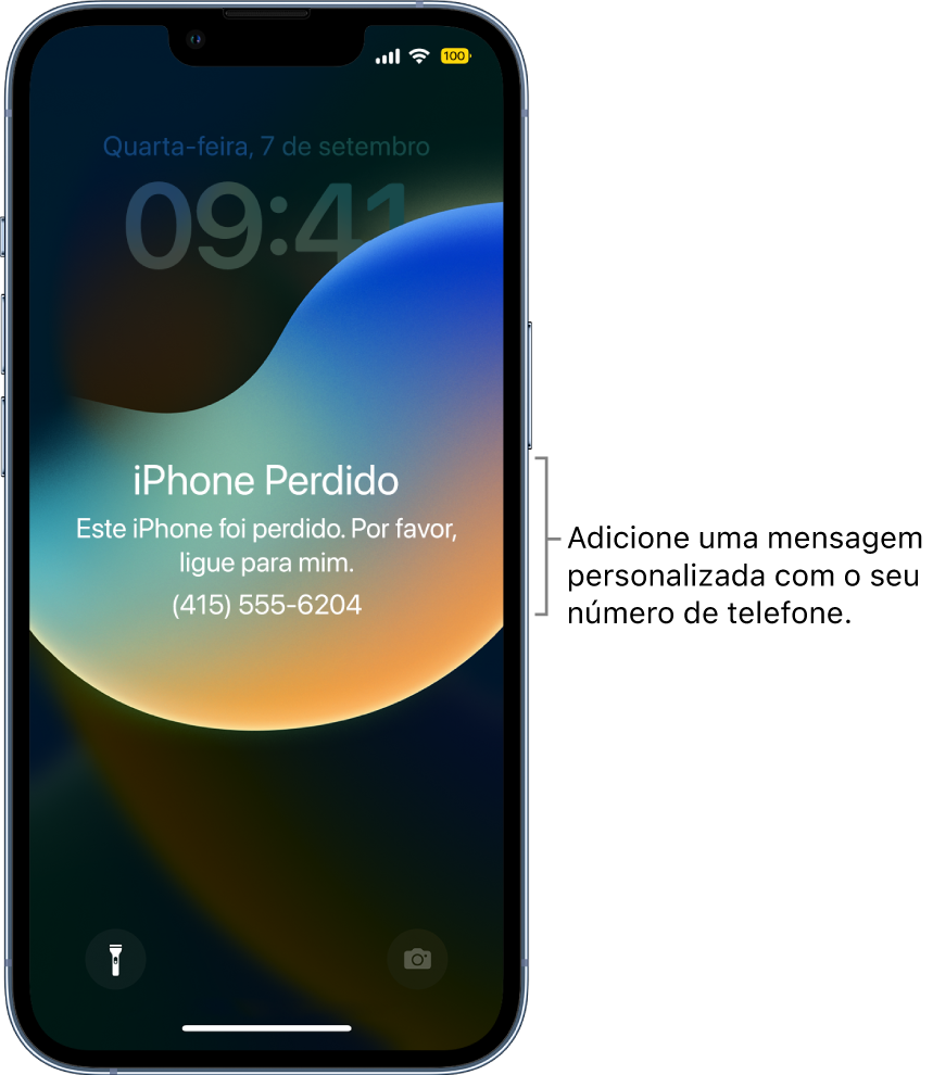 Tela Bloqueada do iPhone com a mensagem: “iPhone perdido. Este iPhone foi perdido. Por favor, ligue para mim. (415) 555-6204.” Você pode adicionar uma mensagem personalizada com o seu número de telefone.