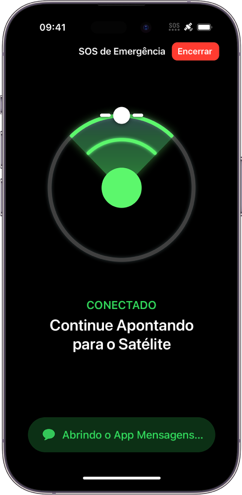 Tela do SOS de Emergência mostrando um gráfico que instrui o usuário a direcionar o iPhone para um satélite. Abaixo disso, uma notificação com o texto Abrindo o App Mensagens.