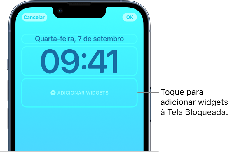 Uma Tela Bloqueada personalizada em processo de criação. Os elementos disponíveis para personalização estão selecionados: data, hora e um botão para adição de widgets.