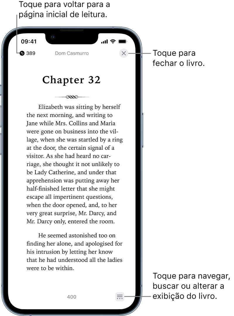 Página de um livro no app Livros. Na parte superior da tela há botões para voltar para a página onde você começou a ler e para fechar o livro. Na parte inferior direita da tela está o botão Menu.