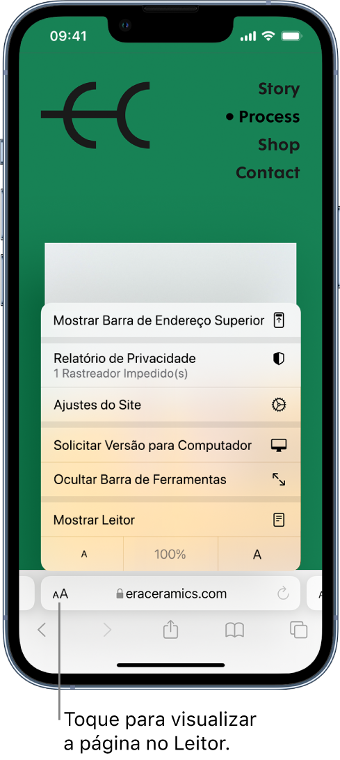 O menu Ajustes da Página. Na parte inferior do menu encontra-se a opção Mostrar Leitor.