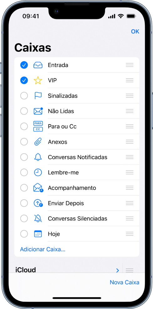 A tela de edição de Caixas de Correio. Caixas de Correio opcionais aparecem na lista, de cima para baixo, com uma caixa de seleção à esquerda. As caixas de correio opcionais incluem Entrada, VIP, Sinalizadas, Não Lidas, Anexos, Lembre-me e outras. No canto inferior direito da tela está um botão chamado Nova Caixa.