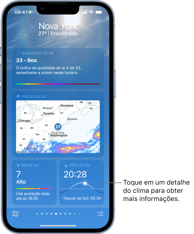 Tela do app Tempo mostrando a localização na parte superior, e a temperatura e condição do tempo atuais. Abaixo estão os detalhes do tempo para estes elementos: qualidade do ar, precipitação, índice UV e pôr do sol.