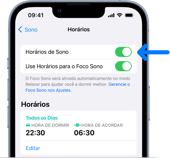 Tela Horários com Horários de Sono ativado na parte superior.