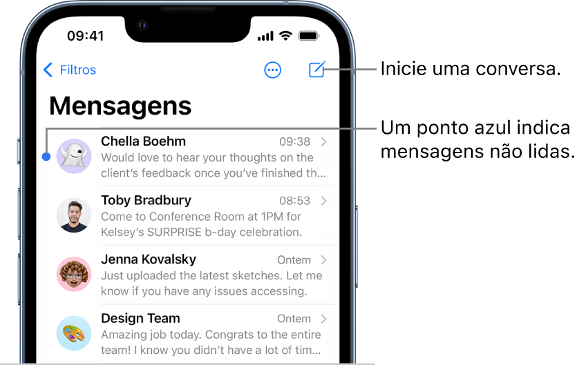 A lista do app Mensagens com o botão Redigir acima à direita. Um ponto azul à esquerda de uma mensagem significa que ela não foi lida.