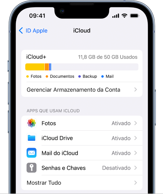 Tela dos ajustes do iCloud mostrando o medidor de armazenamento do iCloud e uma lista de apps e recursos, incluindo Fotos, iCloud Drive e Mail do iCloud, que podem ser usados com o iCloud.