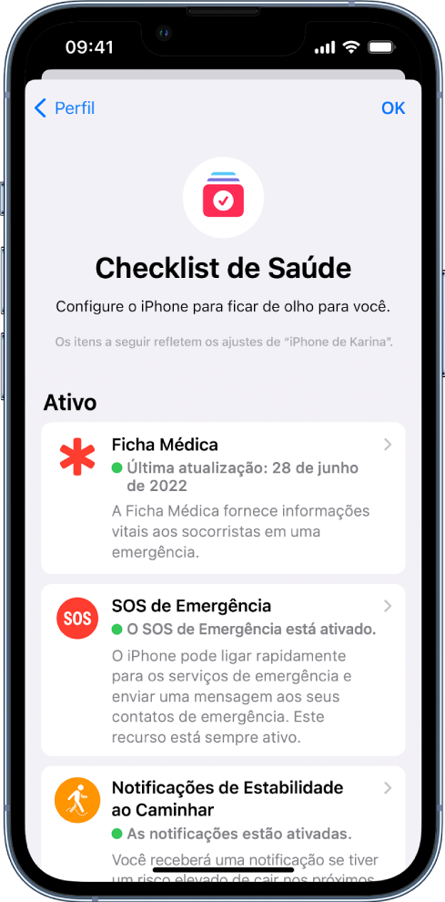 A tela do Checklist de Saúde mostrando que Ficha Médica e Notificações de Estabilidade ao Caminhar estão ativados.