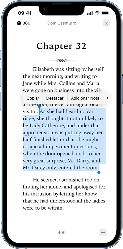 Página de um livro no app Livros, com uma parte do texto da página selecionado. Os controles Copiar, Destacar e Adicionar Nota estão acima do texto selecionado.