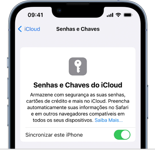 Tela das Senhas e Chaves do iCloud, com um ajuste para sincronizar este iPhone.