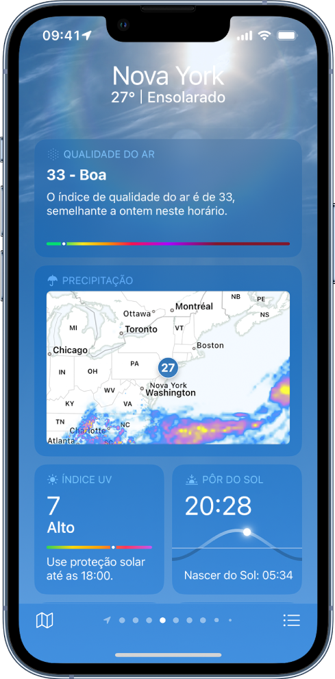 Tela do Tempo mostrando a localização na parte superior, e temperatura e as condições do tempo atuais. Abaixo estão os detalhes do tempo para estes elementos: qualidade do ar, precipitação, índice UV e pôr do sol.