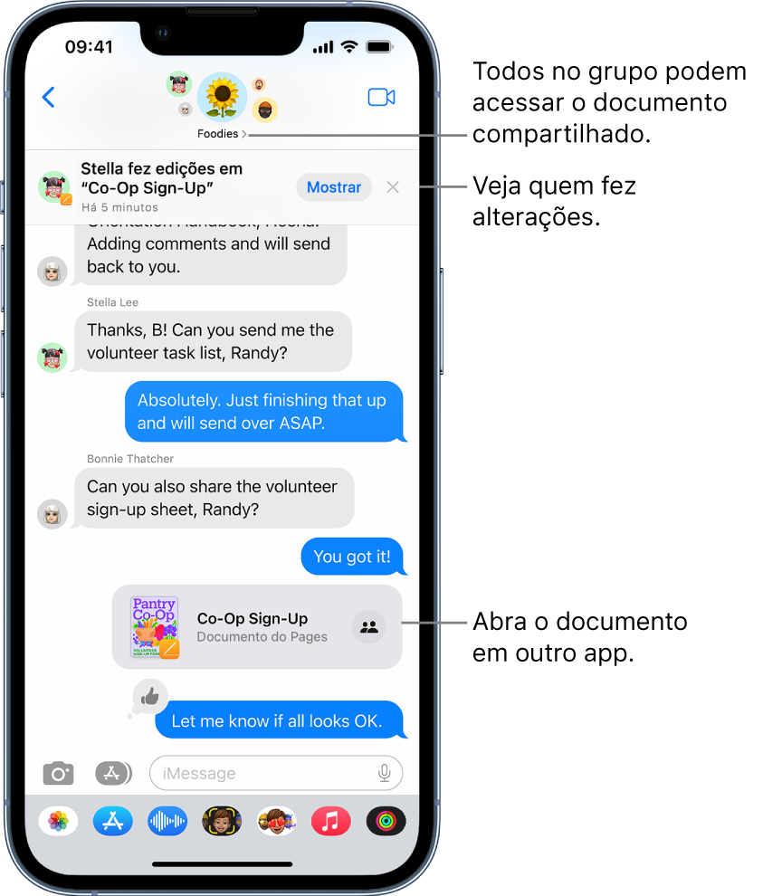 Uma conversa em grupo no app Mensagens, incluindo um convite de colaboração e atualizações na parte superior da janela da conversa.