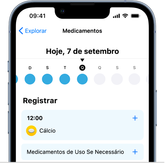 A tela Medicamentos no app Saúde, mostrando uma linha do tempo e um registro de medicamentos.