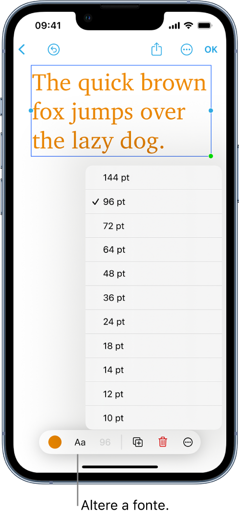 Texto selecionado com as ferramentas de formatação visíveis acima do texto em um quadro do Freeform.