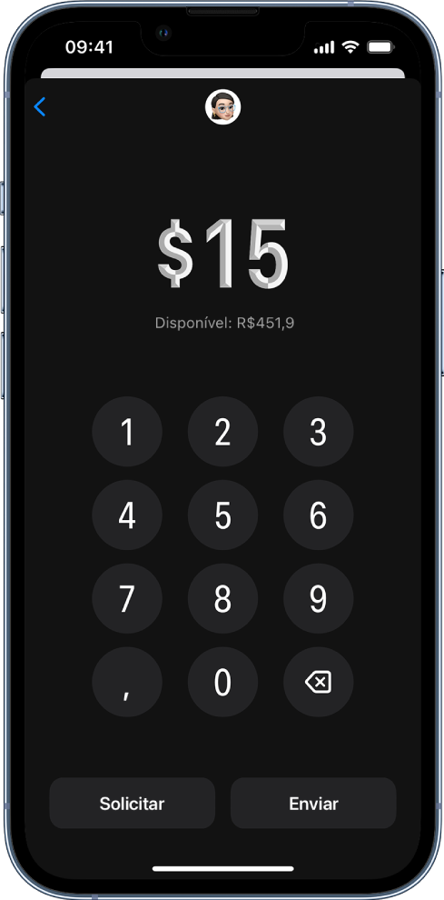 Um teclado numérico para digitar o valor, com os botões Solicitar e Enviar na parte inferior.