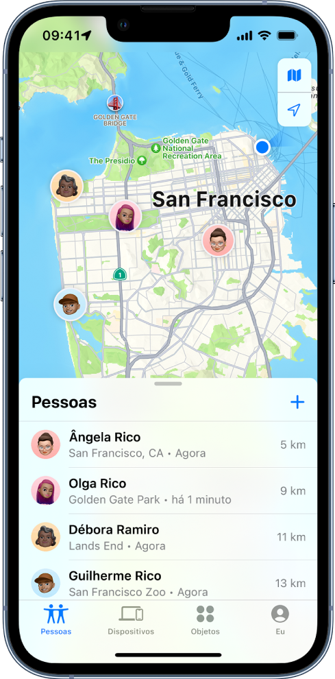 O ecrã “Encontrar” a mostrar a lista Pessoas e as respetivas localizações num mapa de São Francisco.