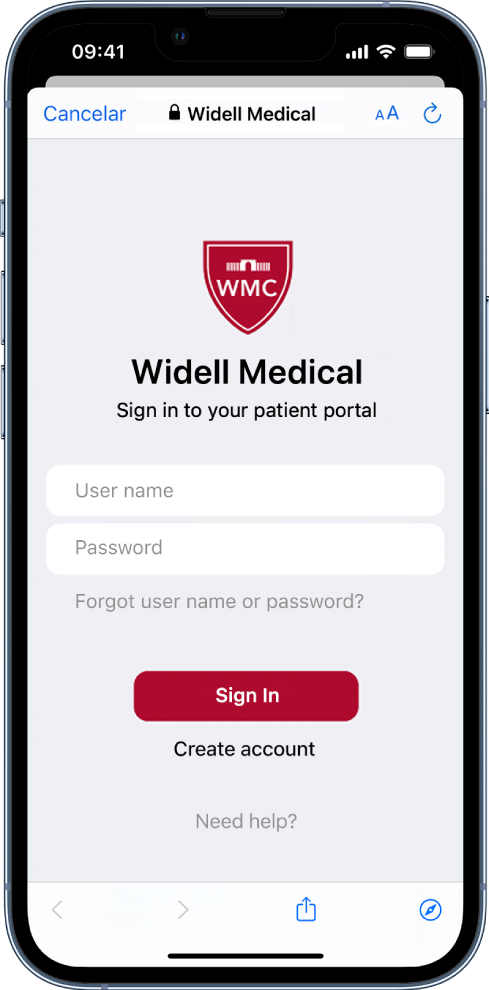O ecrã de início de sessão de um doente no iPhone para uma organização médica.