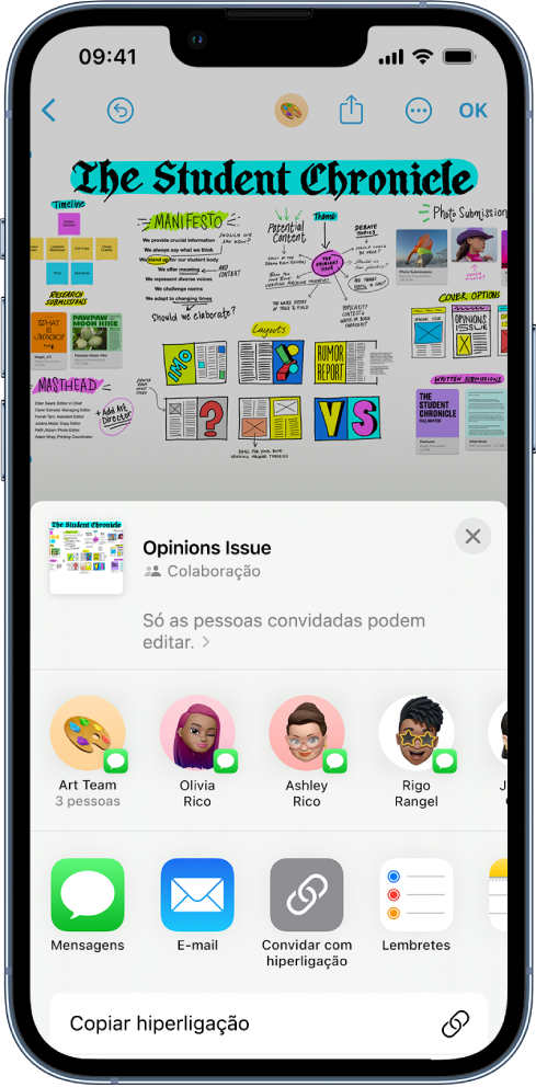 iPhone com a aplicação Freeform e as opções de colaboração abertas.