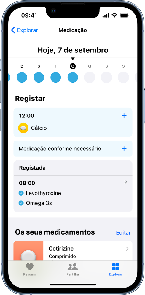 O ecrã Medicamentos na aplicação Saúde mostra um cronograma e um registo dos medicamentos.