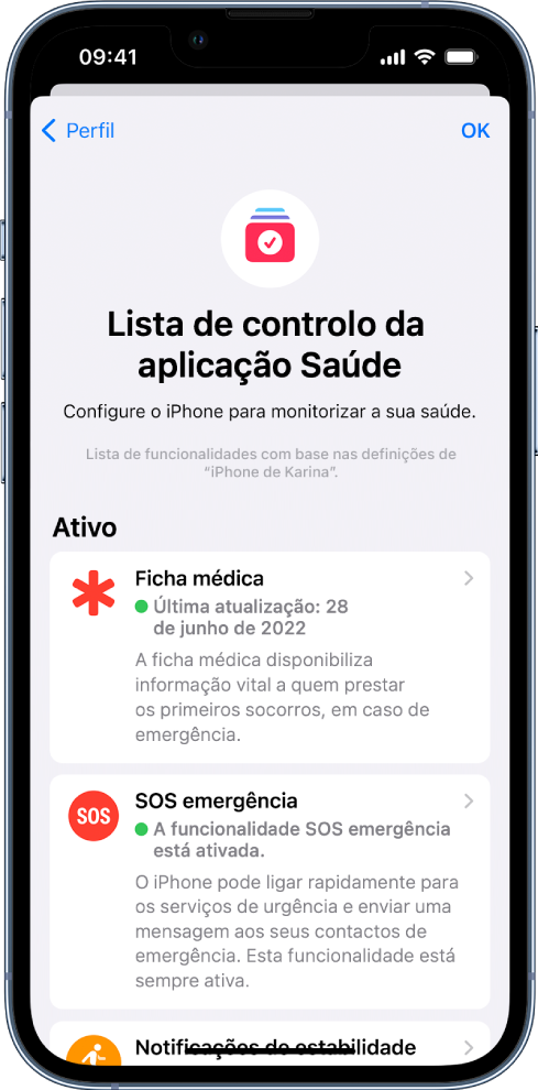 O ecrã “Lista de controlo da aplicação Saúde” a mostrar que “Ficha médica” e “Notificações de estabilidade a andar” estão ativas.