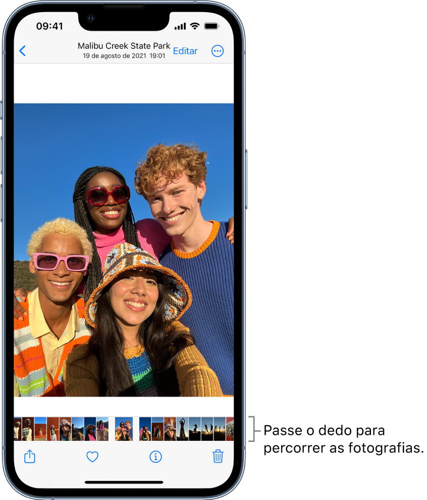 Uma fotografia cobre a maior parte do ecrã, com miniaturas de outras fotografias no fundo do ecrã. O botão anterior está no canto superior esquerdo, que o leva de volta para a vista que estava a explorar. Na parte inferior estão os botões Partilhar, Gostar e Apagar. No canto superior direito está o botão Editar.