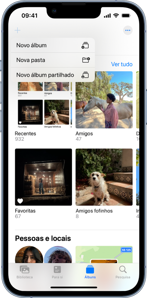 O ecrã Álbum. O botão Novo álbum no canto superior esquerdo está selecionado e mostra a opção para adicionar um novo álbum, uma nova pasta ou um novo álbum partilhado.