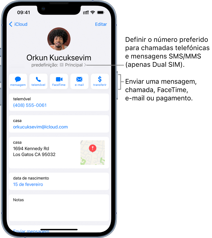 Ecrã de informação relativo a um contacto. Nome e fotografia do contacto no topo. Em baixo, botões para enviar uma mensagem, efetuar uma chamada telefónica, efetuar uma chamada FaceTime, enviar uma mensagem de e‑mail e enviar dinheiro com Apple Pay. Por baixo dos botões encontra‑se a informação do contacto.