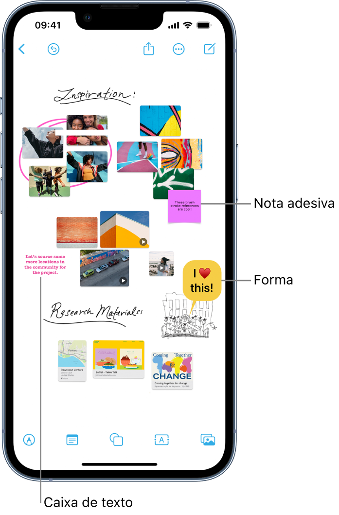 Um quadro do Freeform com desenhos, caixas de texto, vídeos, fotografias, notas adesivas, etc.