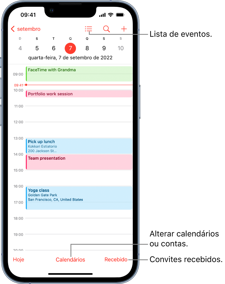 A vista por dia de um calendário, com os eventos marcados para esse dia. O botão Calendários na parte inferior do ecrã permite mudar de calendário. O botão Recebido no canto inferior direito permite ver os convites recebidos.