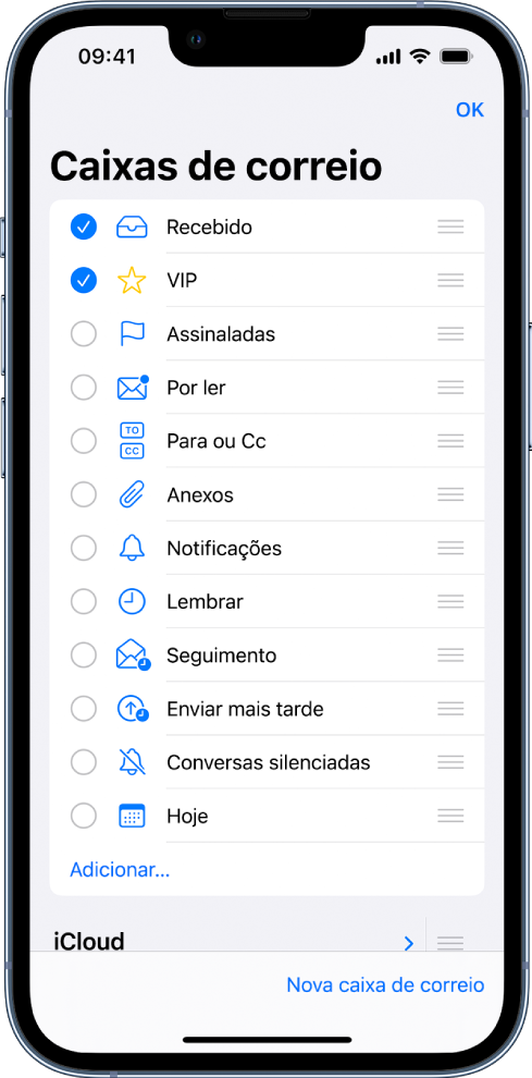 O ecrã de edição de caixas de correio. As caixas de correio opcionais são listadas de cima para baixo, com uma opção assinalável à esquerda. Entre as caixas de correio opcionais incluem-se: Recebido, VIP, Assinaladas, Por ler, Anexos, Lembrar, etc. No canto inferior direito do ecrã está um botão Nova caixa de correio.