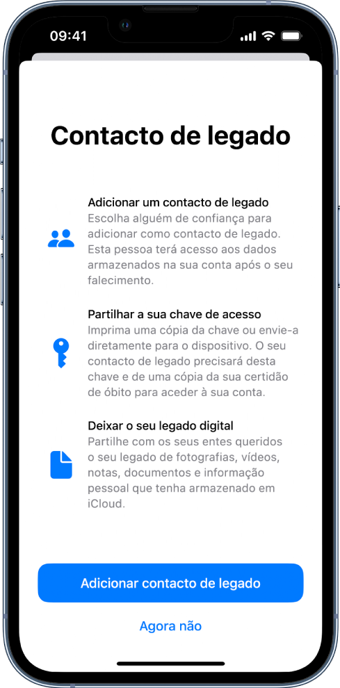 O ecrã “Contacto de legado” com informação acerca da funcionalidade. O botão Adicionar contacto de legado está na parte inferior.