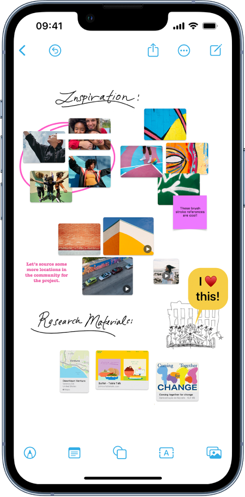 iPhone com a aplicação Freeform aberta. O quadro inclui texto manuscrito, texto, desenhos, formas, fotografias, vídeos, notas adesivas, hiperligações e outros ficheiros.