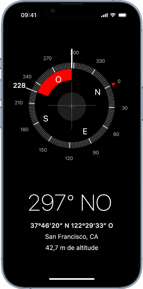 Ecrã da aplicação Bússola a mostrar a direção para a qual o iPhone está a apontar, a localização atual e a elevação.