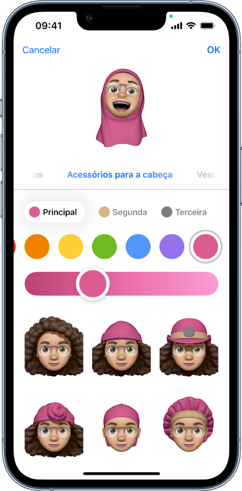 Ecrã de Memoji que mostra a personagem a ser criada na parte superior, funcionalidades de personalização por baixo da personagem e, por baixo disso, opções para a funcionalidade selecionada. No canto superior direito está o botão OK e no canto superior esquerdo está o botão Cancelar.