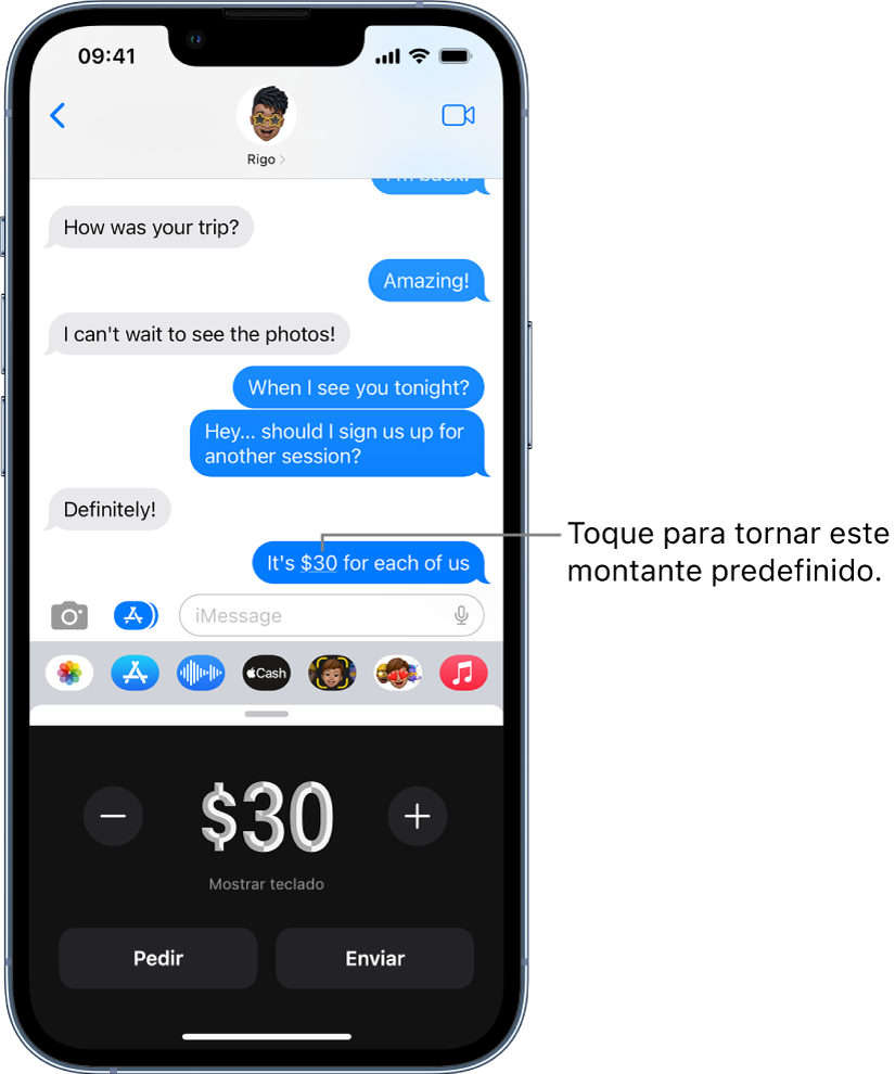 Uma conversa iMessage com Apple Pay aberto na parte inferior.