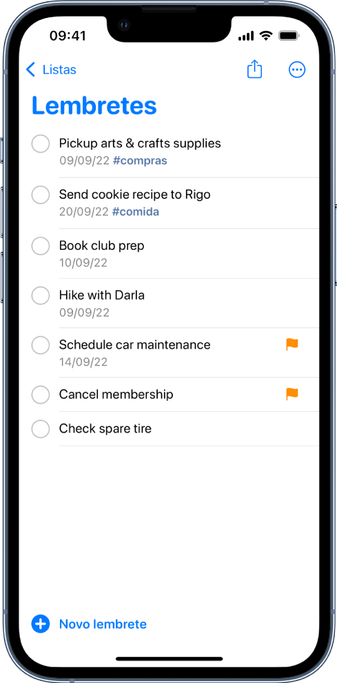 Ecrã de Lembretes com uma lista de afazeres. O botão “Novo lembrete” está no canto inferior esquerdo.