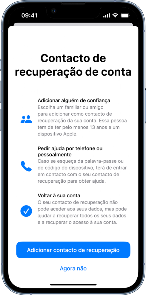 O ecrã “Contacto de recuperação de conta” com informação acerca da funcionalidade. O botão Adicionar contacto de segurança está na parte inferior.