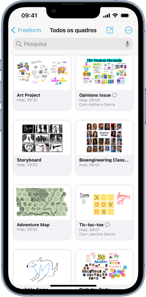 O ecrã “Todos os quadros” da aplicação Freeform está aberto e mostra oito miniaturas de quadros.