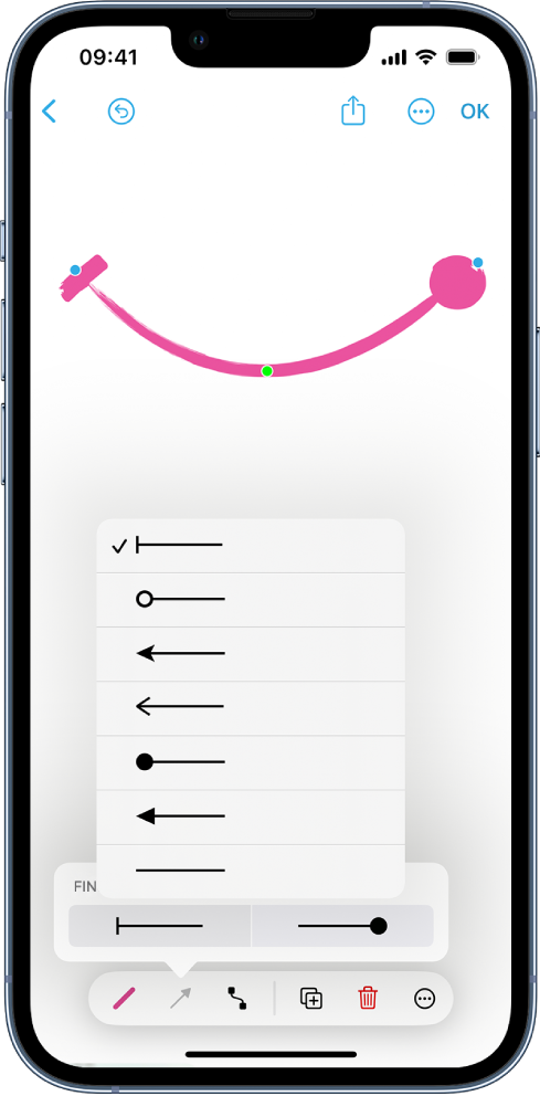Um quadro do Freeform com uma linha curva selecionada e as ferramentas de formatação visíveis. Um menu para selecionar o estilo do início e fim da linha aparece acima das ferramentas de formatação.
