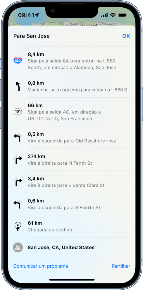 As indicações passo a passo de um itinerário numa lista.