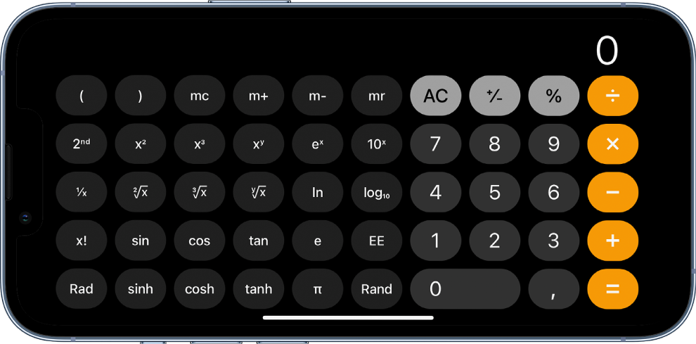 O iPhone na orientação horizontal a mostrar a calculadora científica para funções exponenciais, logarítmicas e trigonométricas.