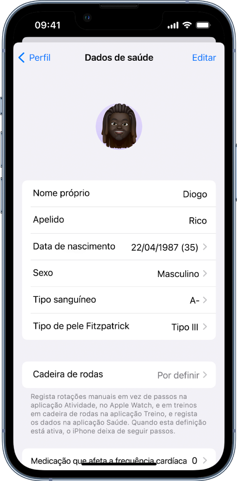 O ecrã Dados de saúde.