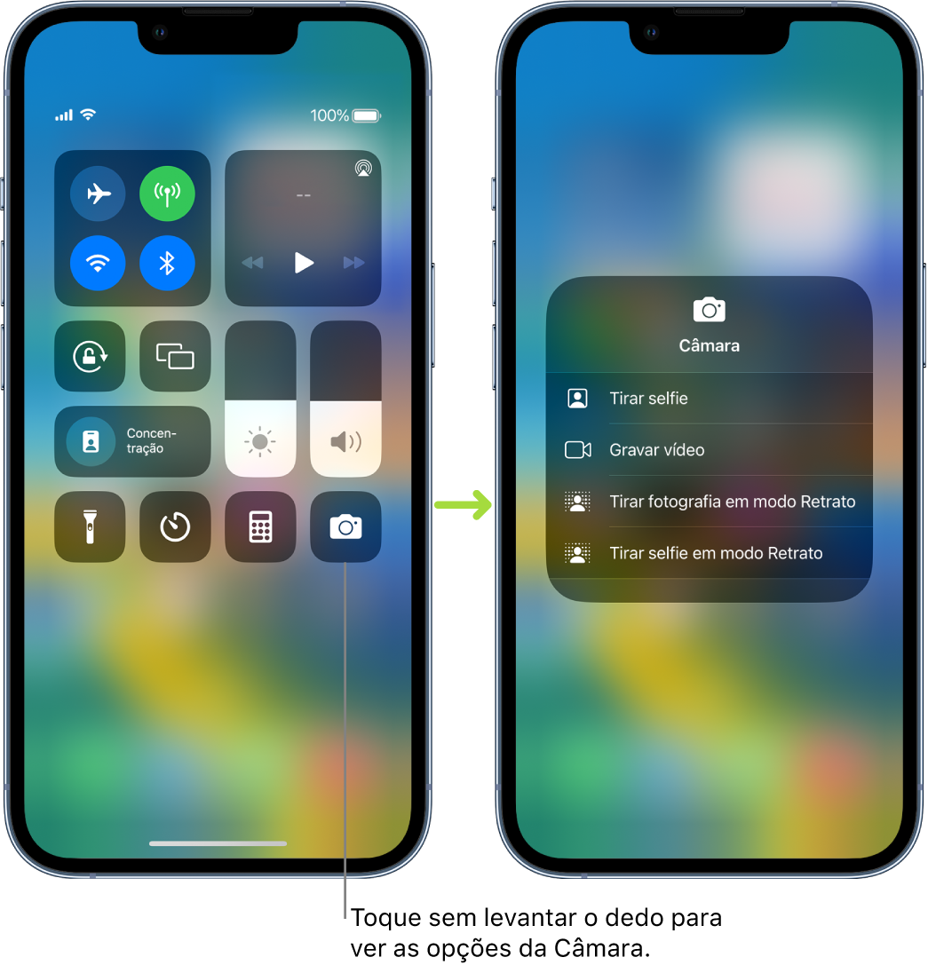 Dois ecrãs da central de controlo lado a lado: o da esquerda mostra controlos do modo de voo, dados móveis, Wi-Fi e Bluetooth no grupo da esquerda, em cima. O ícone da Câmara é apresentado no canto inferior direito. O ecrã da direita mostra mais opções no menu de ações rápidas da Câmara: “Tirar uma selfie”, “Gravar vídeo”, “Tirar um retrato” e “Tirar selfie em modo retrato”.