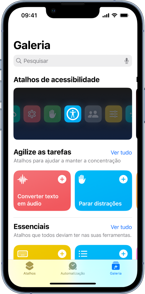 O ecrã da galeria de atalhos, com uma lista de atalhos para completar tarefas do dia a dia, tais como converter texto em áudio e parar as distrações. Na parte inferior estão os separadores Atalhos, Galeria e Automatização.