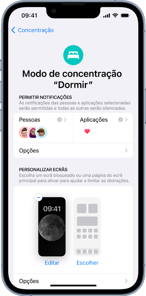 O ecrã Modo de concentração “Dormir” a mostrar que +er permitido a três pessoas e uma aplicação enviarem notificações.