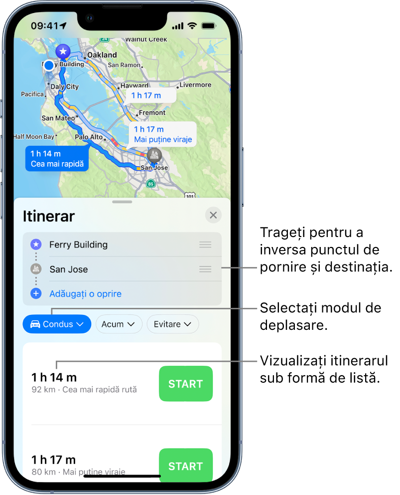 O hartă afișând mai multe rute auto între două locuri, cu opțiuni pentru comutarea punctului de plecare și de destinație, selectarea altor moduri de deplasare și vizualizarea itinerarului sub formă de listă.